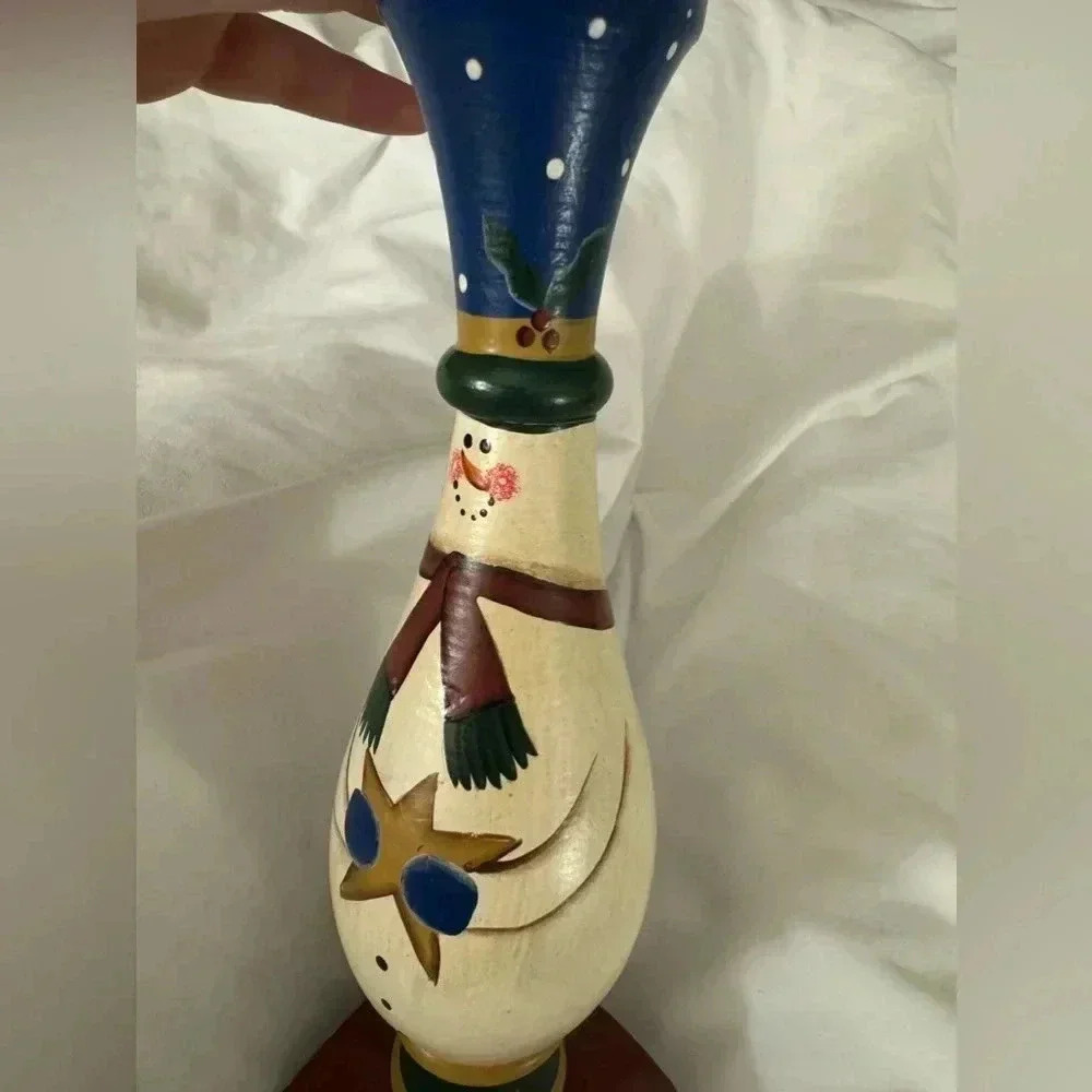 VTG 90’s Candlestick Christmas Snowman Cottagecore Country Wooden Hand Painted - Picture 8 of 11